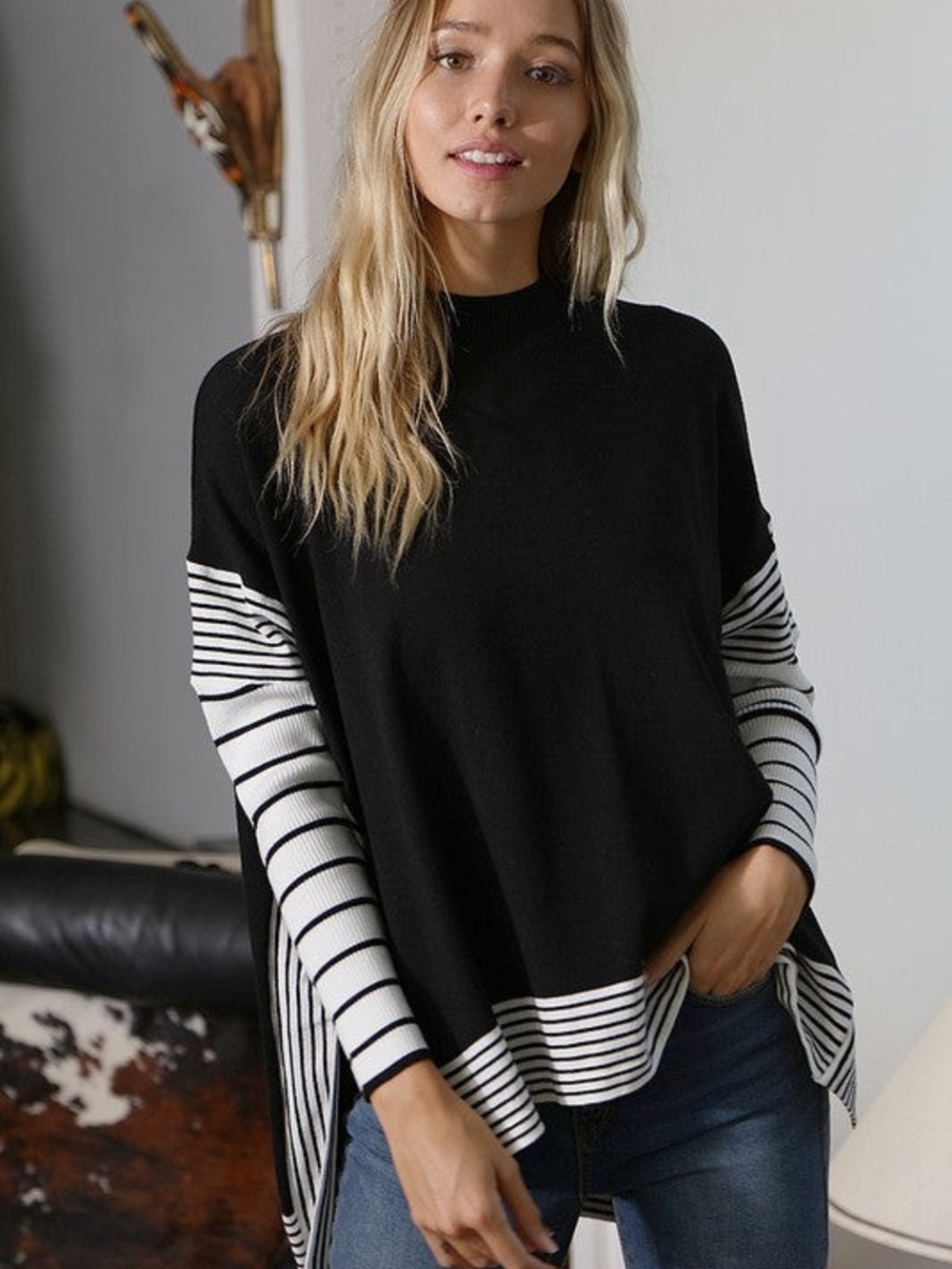 VOY Striped Mock Neck Poncho Sweater S Gray White Boxy Slit Hem Knit Top